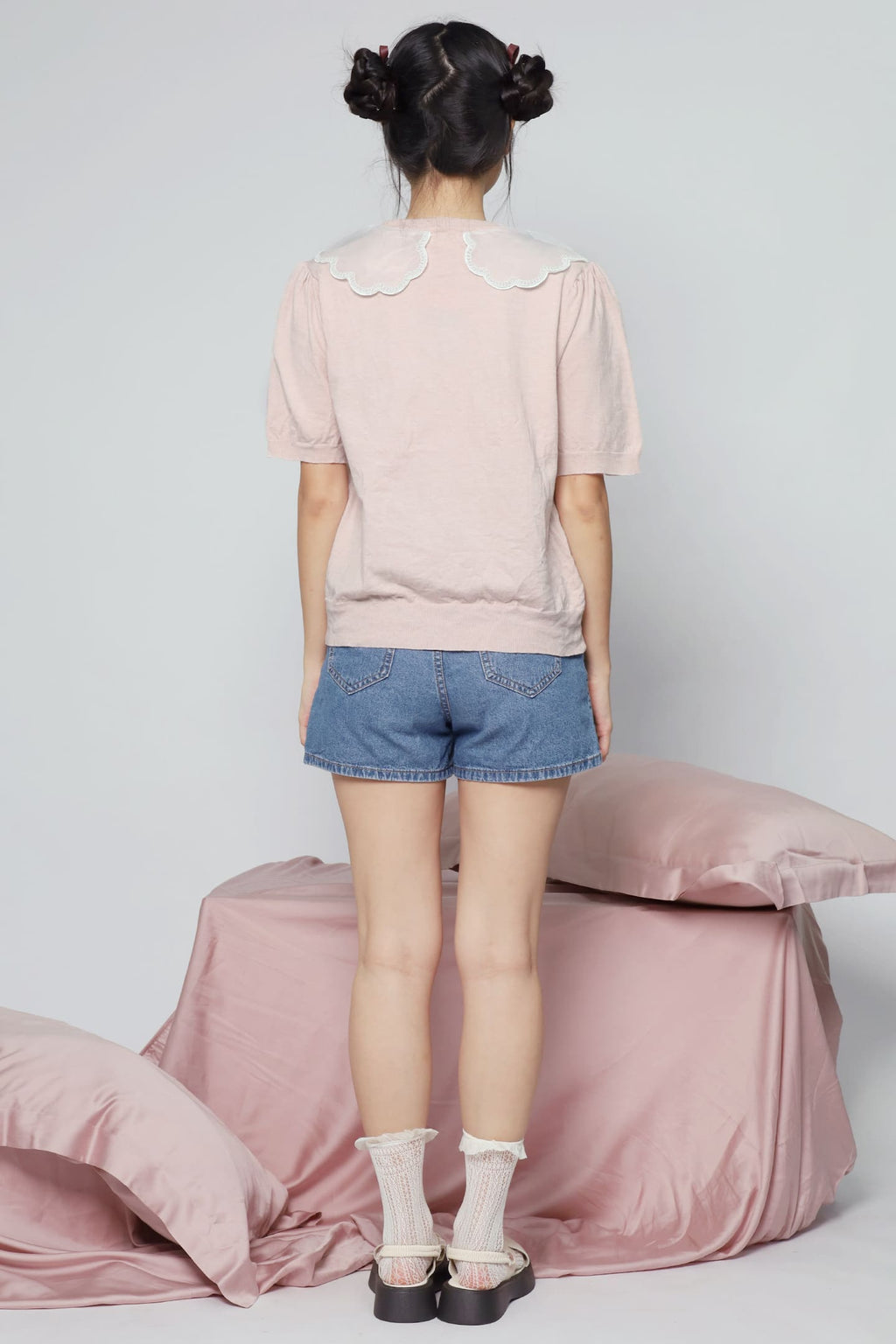 JOY - Miko Floral Embellishment Knit Top in Pastel Pink