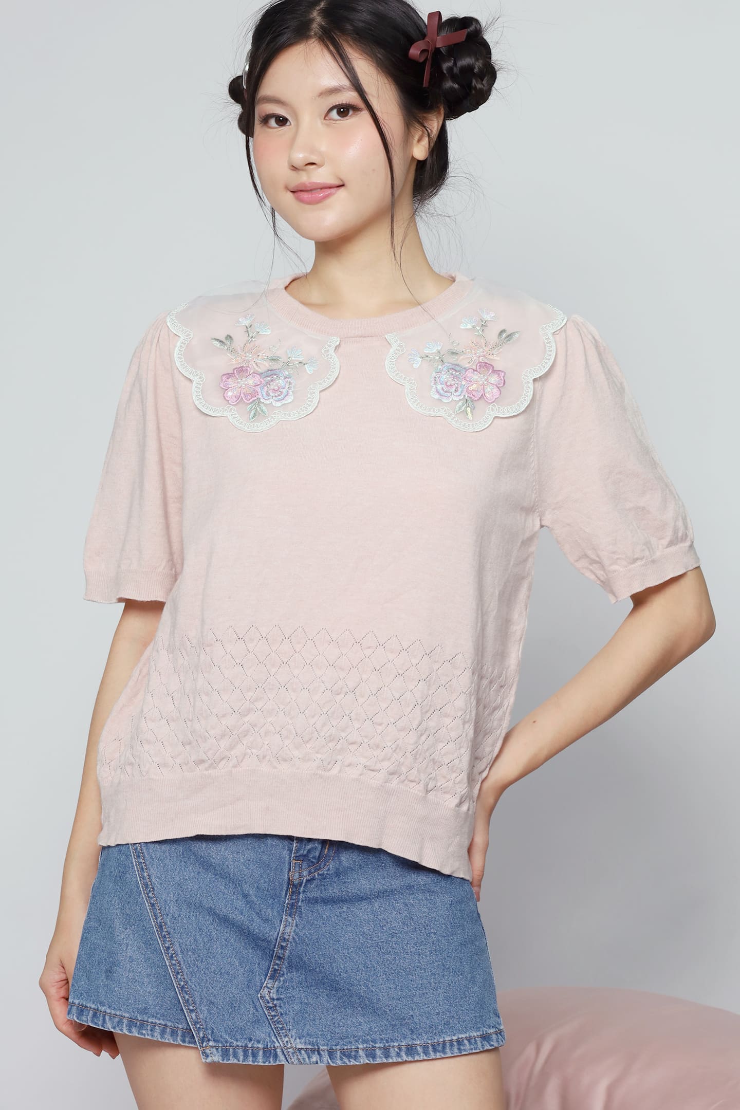 JOY - Miko Floral Embellishment Knit Top in Pastel Pink