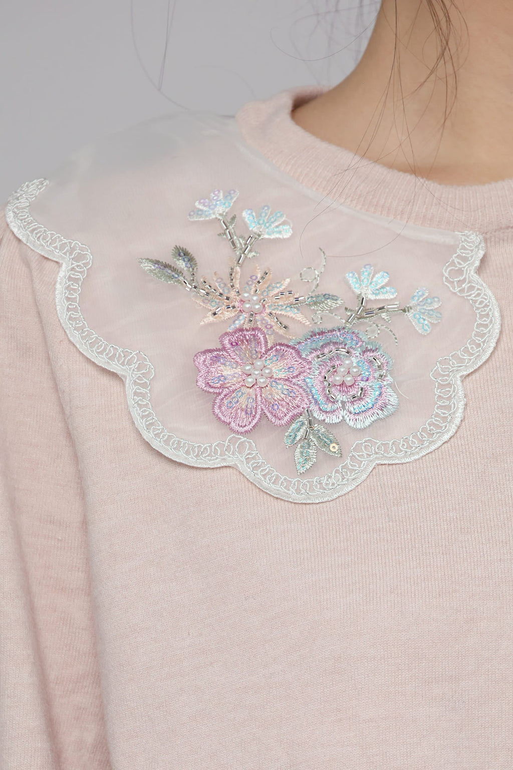 JOY - Miko Floral Embellishment Knit Top in Pastel Pink