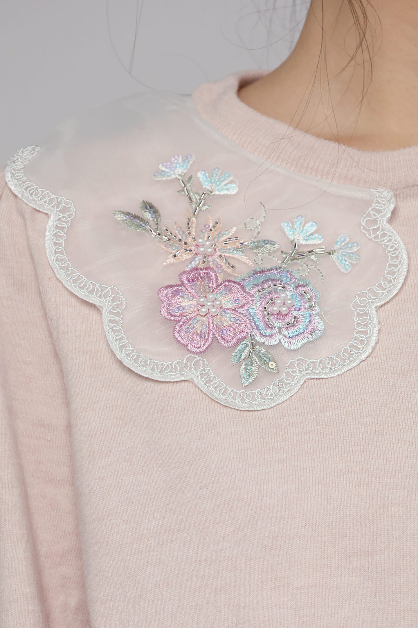 JOY - Miko Floral Embellishment Knit Top in Pastel Pink