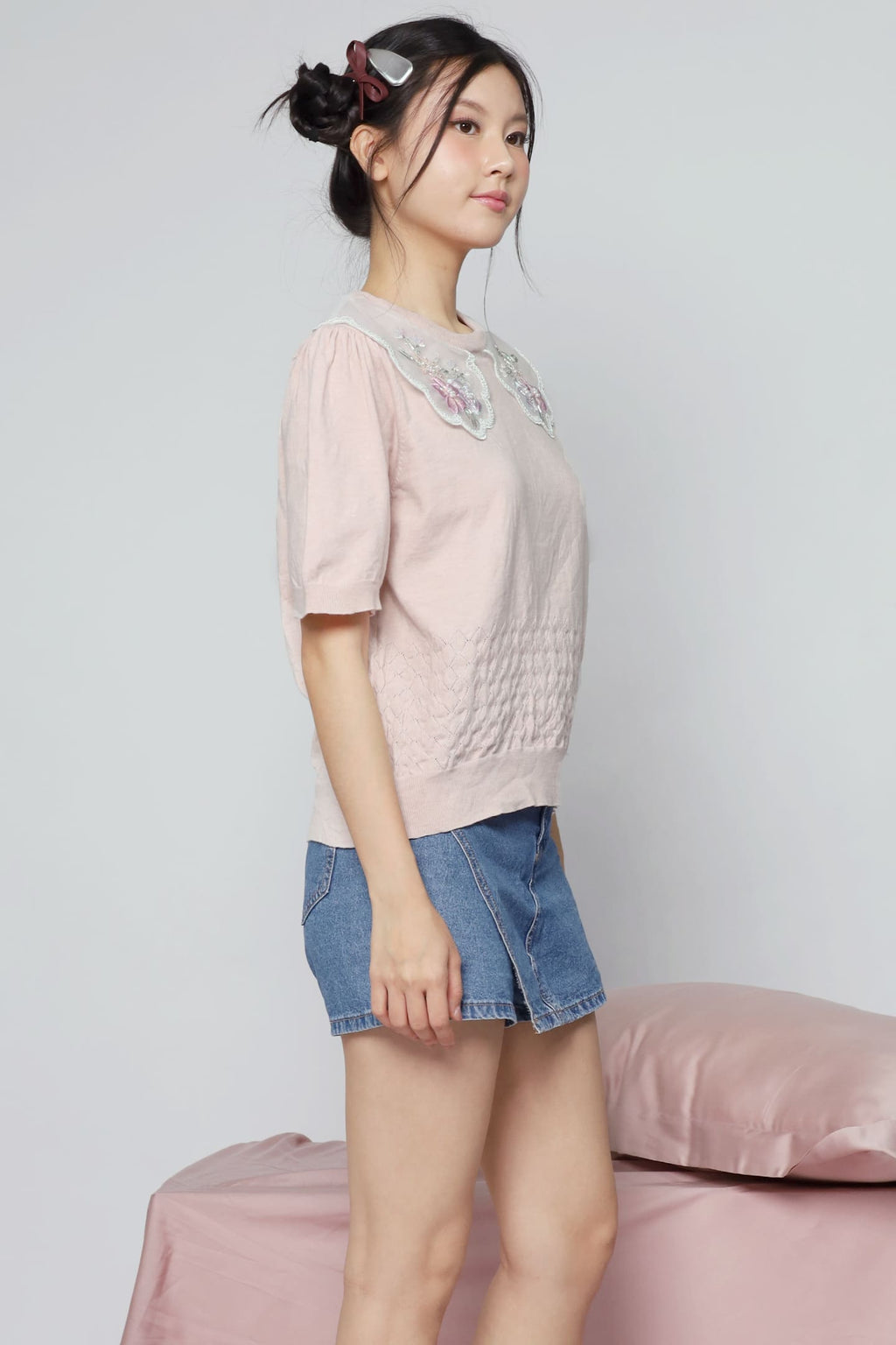 JOY - Miko Floral Embellishment Knit Top in Pastel Pink