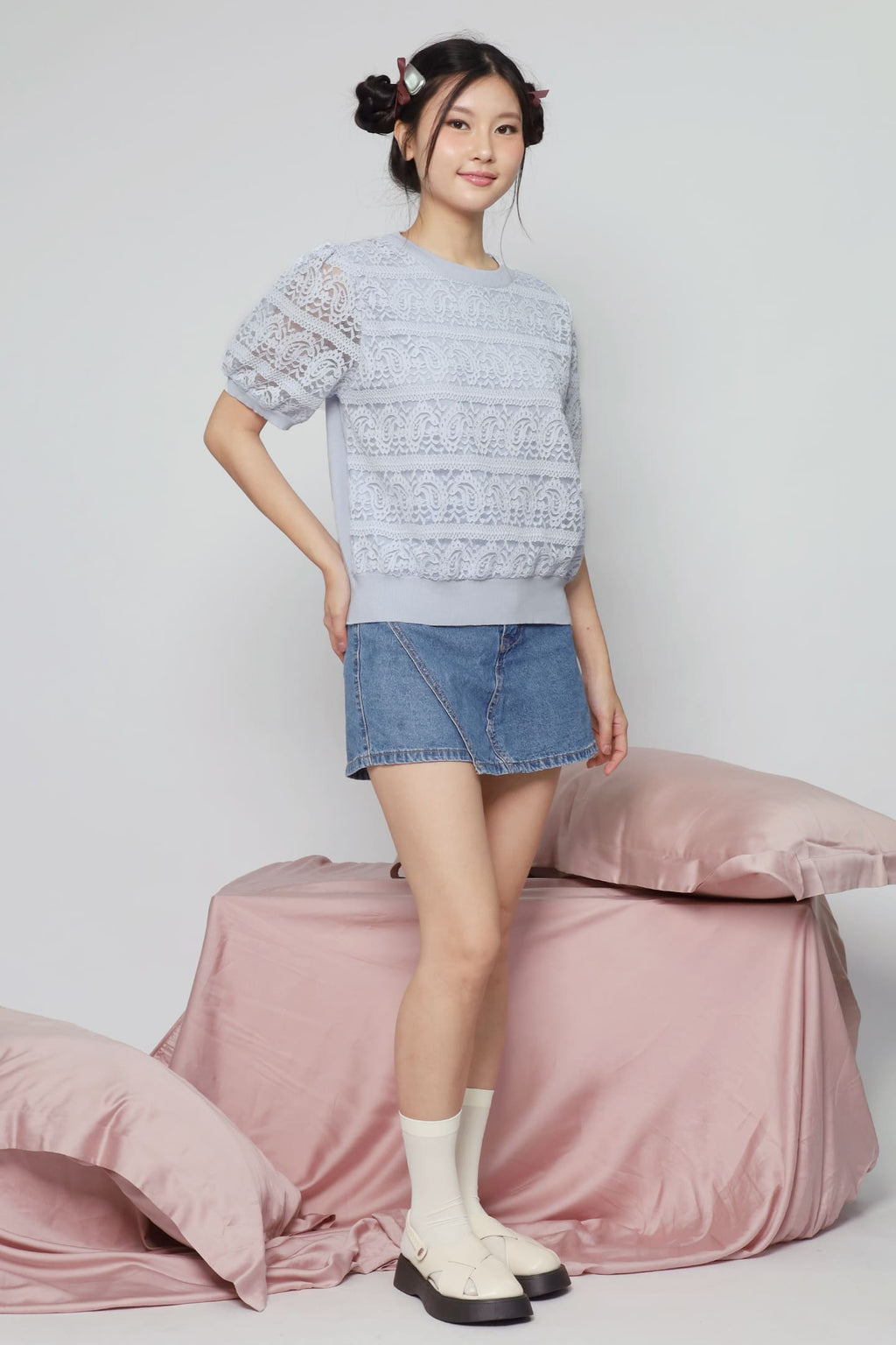JOY - Suziki Crochet Knit Top in Baby Blue